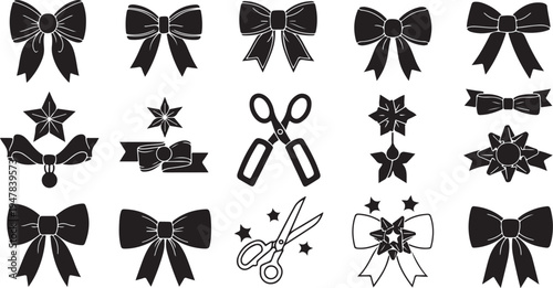 Black and white bow tie star icons set