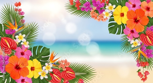 Vibrant tropical beach flowers summer vacation theme background