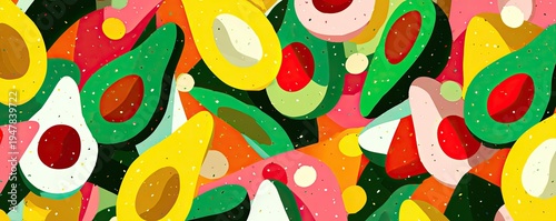 Wallpaper Mural Vibrant Abstract Pattern of Sliced Avocados and Tropical Fruits. Torontodigital.ca