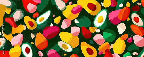 Wallpaper Mural Vibrant Abstract Pattern of Sliced Avocados and Colorful Fruits on Dark Green Background. Torontodigital.ca