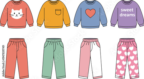 Cute kids pajama clothing illustration set with cozy sweaters and pants pastel sleepwear outfits for children bedtime fashion
