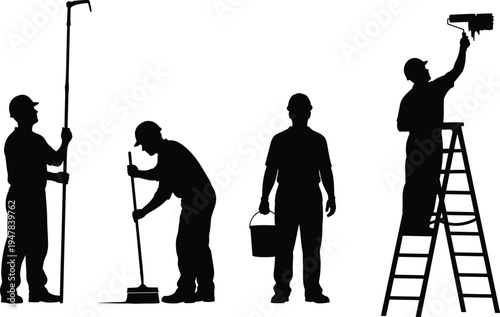 Painter and cleaning worker silhouettes painting wall with roller and mopping floor maintenance service illustration set