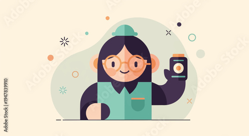 Stylized cartoon figure of a healthcare worker holding a medication bottle