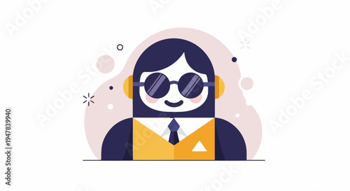 Stylized cartoon figure with dark hair, sunglasses, and headphones