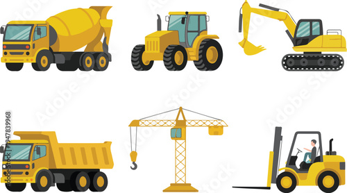 Construction machinery vector illustration set featuring excavator forklift crane dump truck concrete mixer and tractor for industrial building engineering projects
