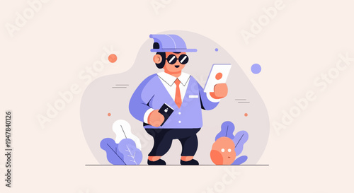 Stylized cartoon man in suit and hat holding two phones and a tablet
