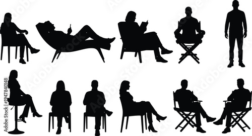 People sitting silhouettes relaxing reading and thinking in chairs showing leisure lifestyle and everyday activity illustration set