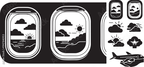 Airplane Window Views with Various Sky and Sea Scenes