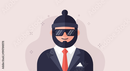 Stylized cartoon man in suit, hat, and sunglasses