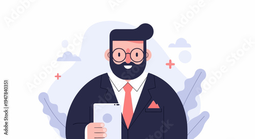 Professional man with beard and glasses holding tablet, surrounded by abstract shapes