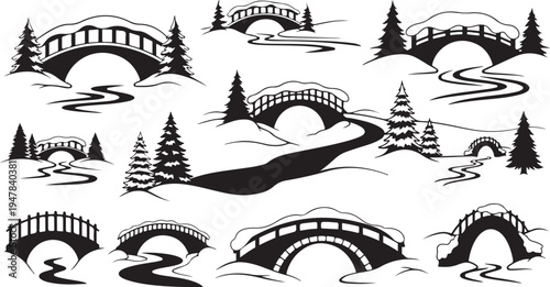 Winter landscape with bridges and pine trees illustration