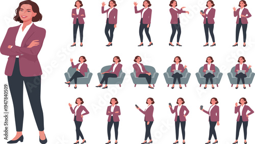 Big set of business young woman wearing formal outfit in various poses gestures standing and sitting in armchair vector illustrations