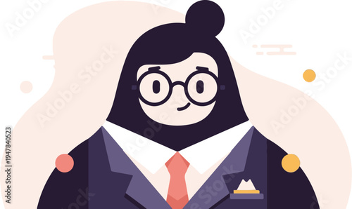 Stylized cartoon of a professional woman in a suit with glasses