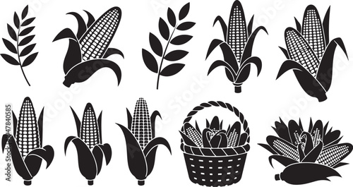 Black and white corn icons with leaves and basket