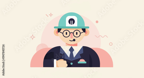 Stylized cartoon person with glasses, suit, and helmet