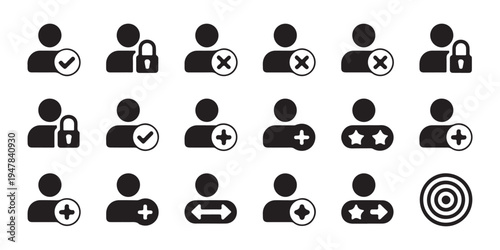 Minimalist user interface icons including privacy locks rating stars account addition and targeting symbols