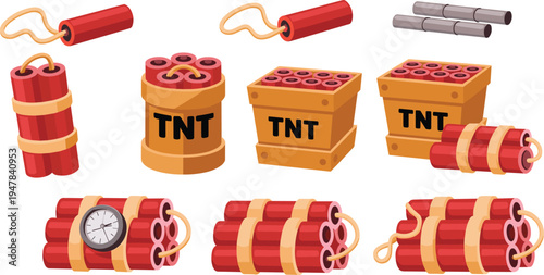 TNT dynamite explosive icon set, cartoon bomb sticks detonator timer blasting danger vector illustration collection