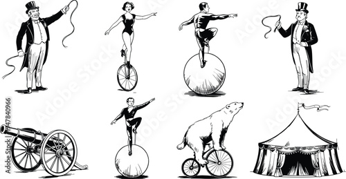 Vintage circus performers set, ringmaster acrobat unicycle rider cannon bear and tent retro engraving style illustration collection