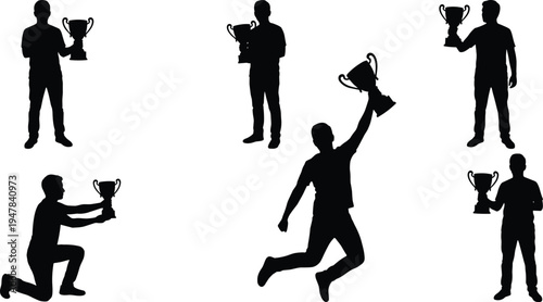 Winner holding trophy silhouettes celebrating victory achievement success award champion concept isolated illustration set for competition celebration