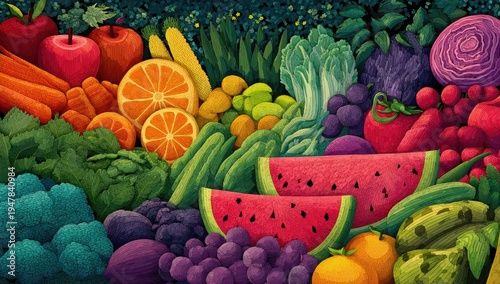 Wallpaper Mural Vibrant Assortment of Fresh Fruits and Vegetables Displayed Artistically. Torontodigital.ca