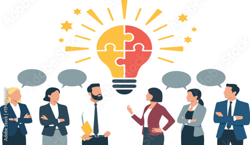 Teamwork and collaboration concept vector illustration with business people discussing ideas around puzzle light bulb symbolizing innovation