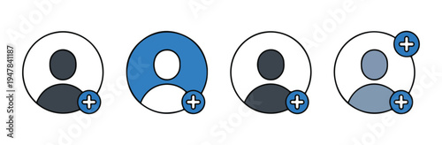 Collection of user profile icons with plus signs indicating add new user or account, various colors and styles
