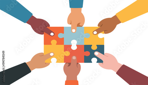 Hands of diverse business people connecting puzzle pieces symbolizing teamwork partnership collaboration and problem solving isolated vector illustration