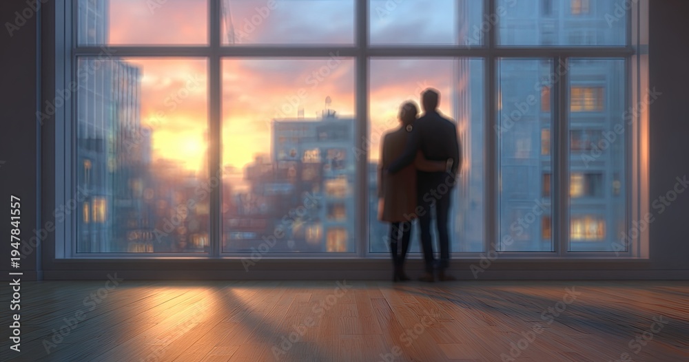 Fototapeta premium Couple Silhouetted Against a Stunning Sunset View from a Modern Apartment Window.