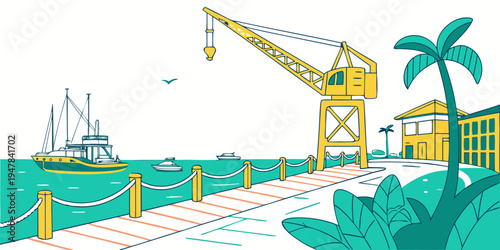 A yellow crane on a dock next to a palm tree Vector