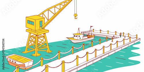 A large yellow crane on a pier over the water Vector