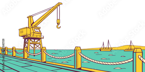 A yellow crane on a pier with a body of water Vector