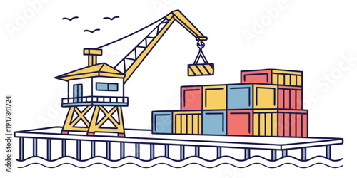 A crane lifting shipping containers on a dock Vector