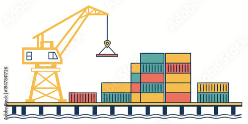 A crane lifting a container on a dock with stacked shipping containers Vector