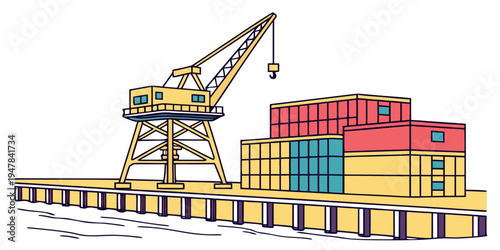 A crane on a dock with colorful shipping containers Vector