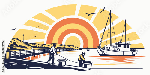 Boats are moored near a dock at sunset Vector