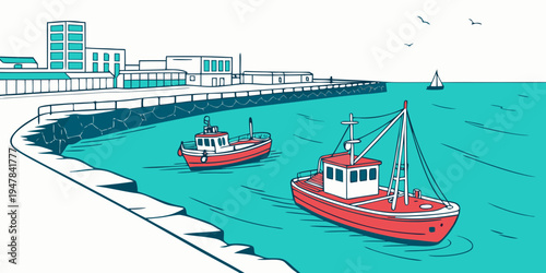 Two red and white boats floating on the water Vector