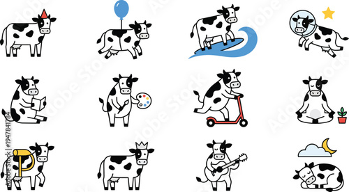 Cute Cow Poses and Activities Collection EPS 10