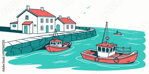 A red and white boat sitting on a body of water Vector