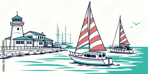 A sailboat with red and white sails on the water Vector