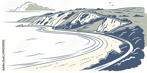 A wave crashing on a beach with mountains in the background Vector