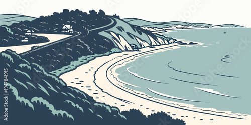 A scenic coastal road winding through mountains Vector