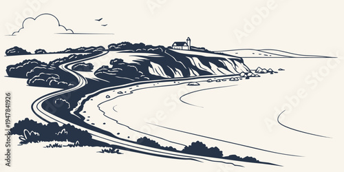 A drawing of a road going through a mountainous landscape Vector