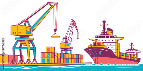 A cargo ship and cranes at a shipping port Vector