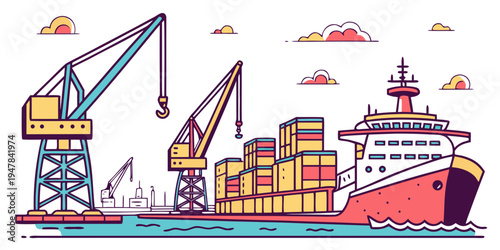 A large cargo ship with cranes and containers Vector