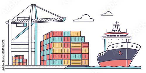 A cargo ship and containers at a port Vector