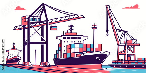 A large cargo ship with cranes on the dock Vector