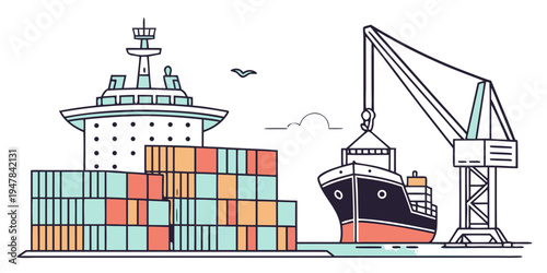 Cargo ship and crane loading containers at port Vector