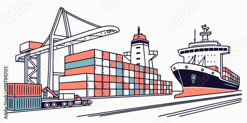 A cargo ship docked at a port with containers Vector