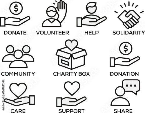 Set of 9 charity icons vector, donation and volunteering symbols