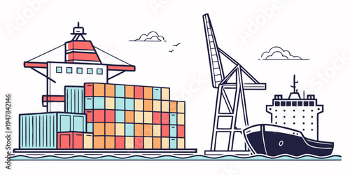 A cargo ship docked at a port with stacked shipping containers Vector